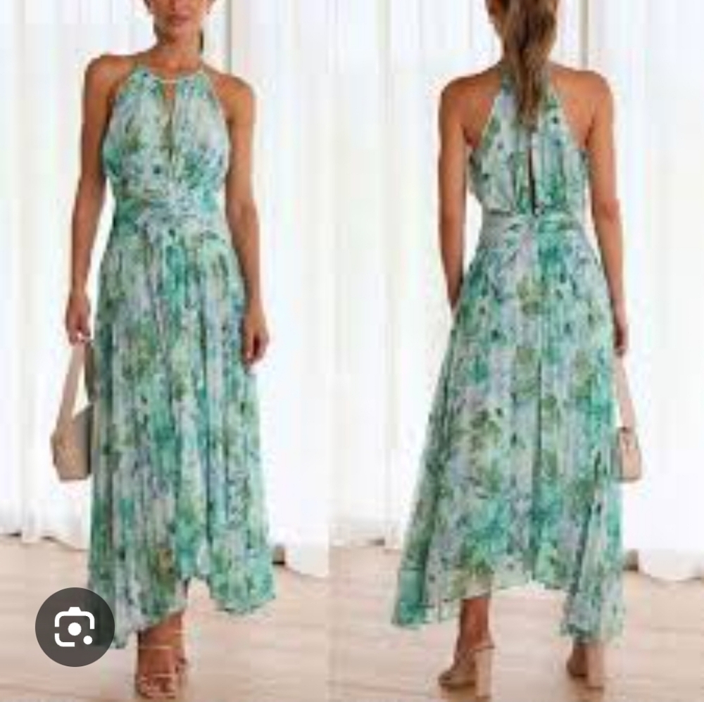 LASCANA Green Floral Halter PLEATED ‎ Maxi Dress